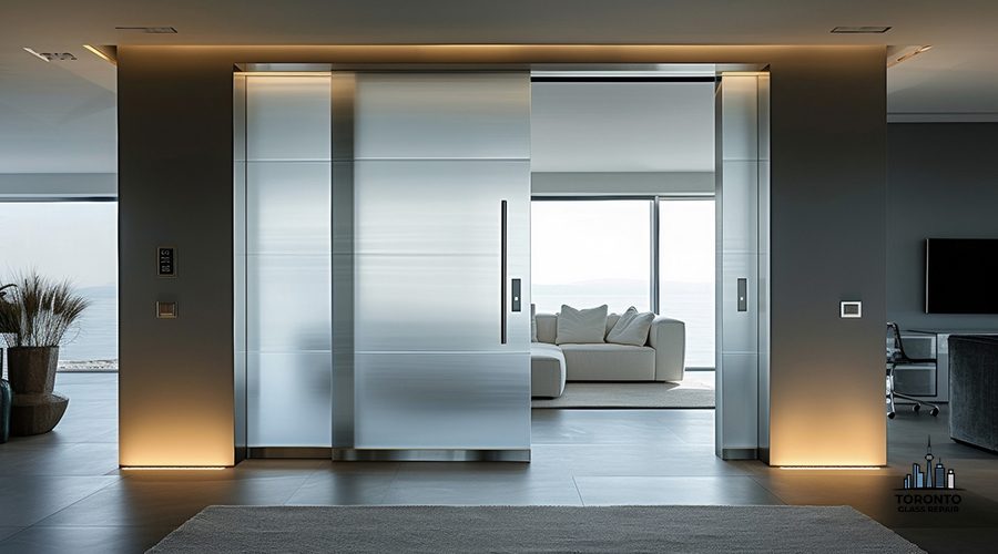 A pocket door in a modern home made of frosted glass with a slim stainless steel frame and a discreet handle.