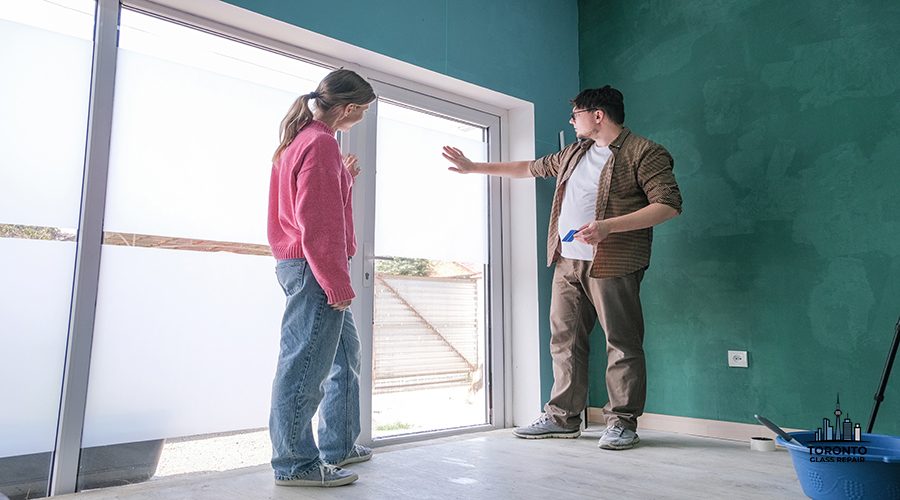 a couple toning windows and doors glass at home using toning film and laser level