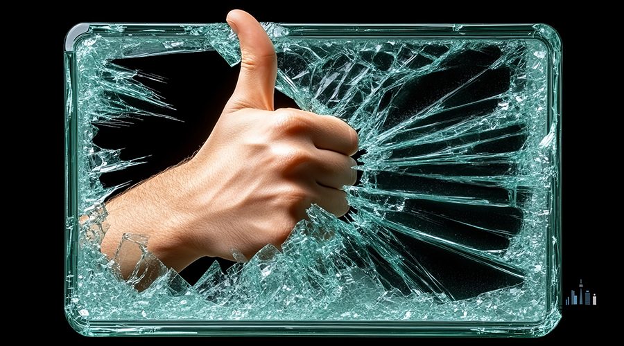 A hand emerges through shattered glass, displaying a thumbs up, showcasing empowerment and strength.