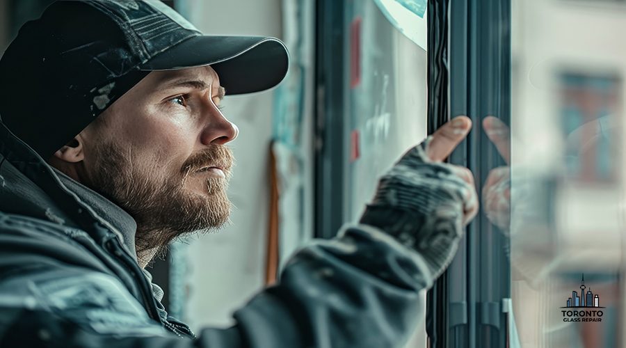 A man in a hard hat is painting a window. Scene is serious and focused, as the man is working diligently to complete the task