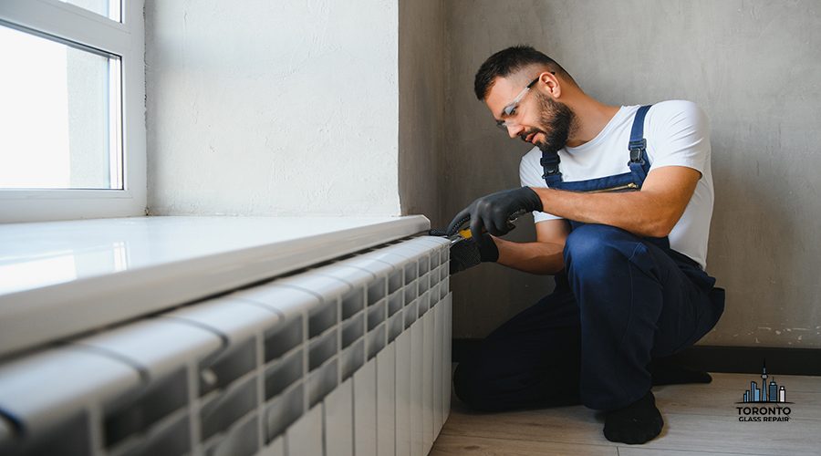 A plumber in a blue jumpsuit is fixing a radiator. With an adjustable wrench, he tightens the tap. A briefcase with a tool at hand.