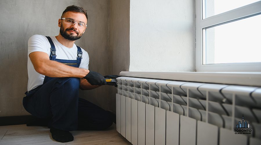 A plumber is fixing a radiator. With an adjustable wrench, he tightens the tap.