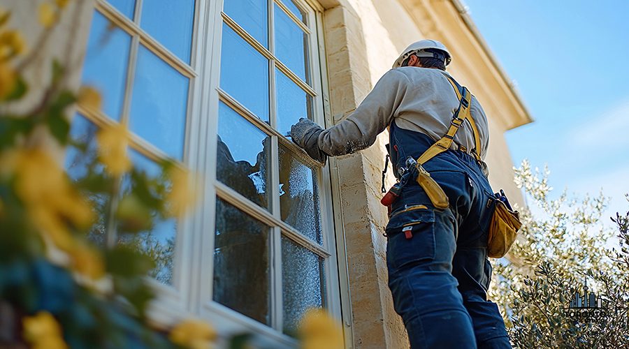 A worker stands on a ladder and repairs the facade of a house near a window.