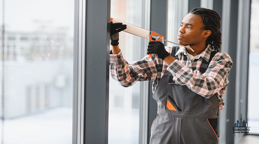 Professional concentrating on sealing window frame with sealant gun, ensuring airtight and weatherproof installation