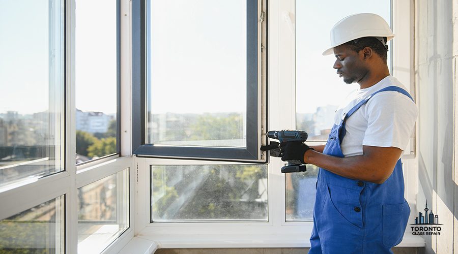 Construction worker repairing window in house