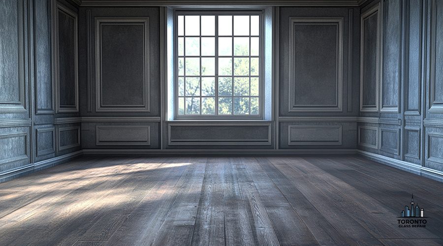 An empty room with dark gray walls, paneled wainscoting, a large window, and sunlight streaming onto the wooden floor.