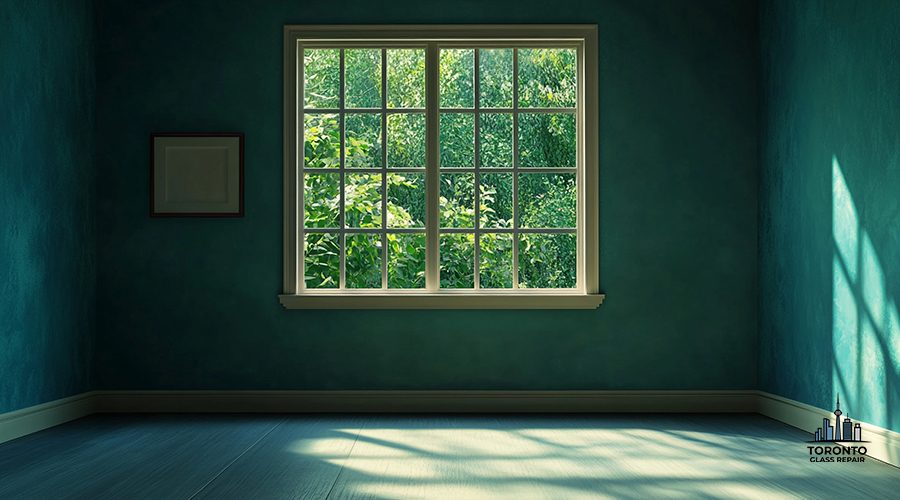 An empty, teal room with a window looking out at bright green foliage, with sunlight streaming in to illuminate the bare floor.