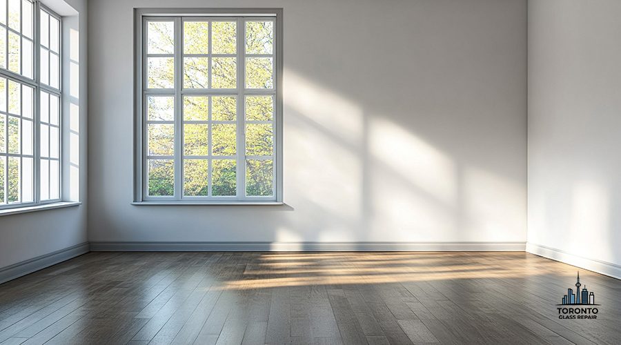 Bright airy room with natural light streaming through large windows, showcasing a minimalist design and warm wooden flooring.