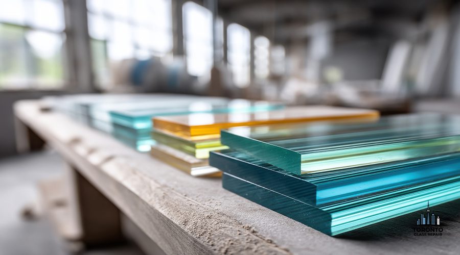 In a bright contractors workspace, an assortment of broken window panes are carefully stacked in vibrant colors, showcasing a mix of blues, greens, and yellows. The organized layout allows for easy inspection of options available for replacing damaged glass. Natural light filters through the windows, illuminating the workspace and enhancing the cheerful atmosphere. This setting indicates an active environment focused on quality repairs and replacements.