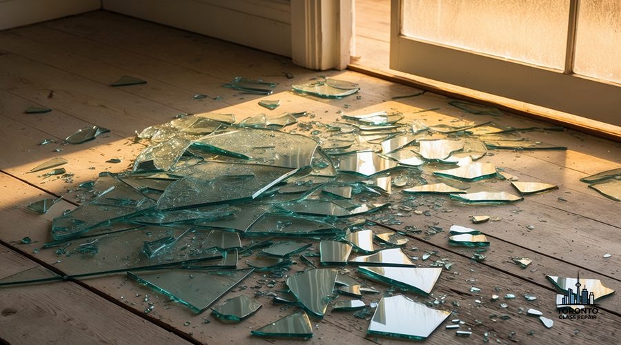 AI Generated. Shattered Glass on Wooden Floor with Sunlight Reflections