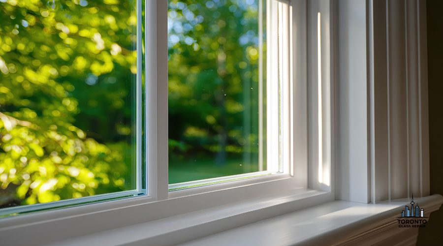 Close up of a white framed window looking out onto green trees o