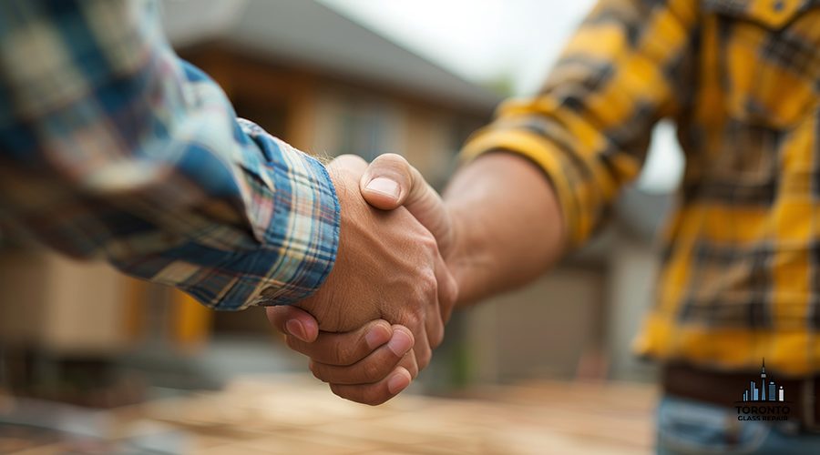 Two individuals in close-up view engaging in a handshake gesture.