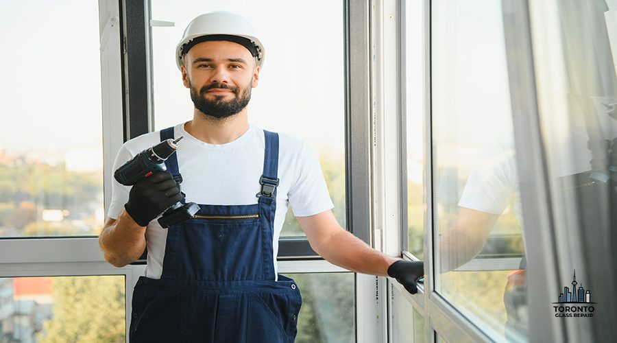 Construction worker repairing plastic window with screwdriver indoors, space for text. Banner design
