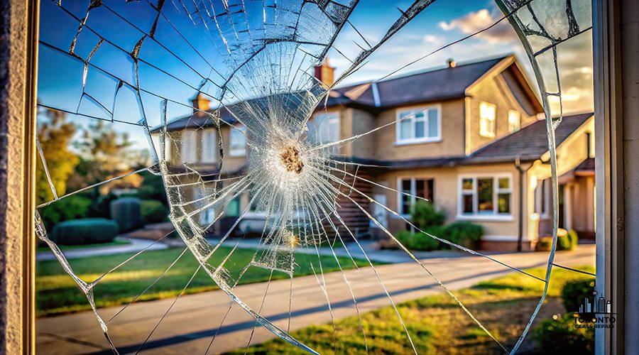 Crack on the glass of a residential house creates depth of field