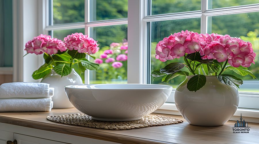 A stylish bathroom scene features a serene setup with pink hydrangeas in white vases beside a modern ceramic sink. natural light streams through the window, illuminating the clean, tranquil space, perfect for adding a touch of elegance and calm. Generative AI