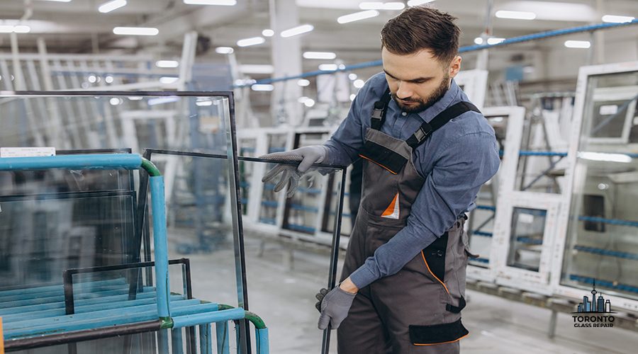 Factory worker wearing uniform and gloves checking glass pane in aluminum and pvc windows and doors production workshop