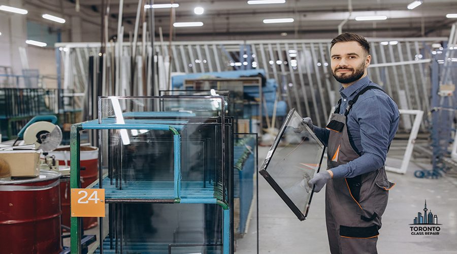 Factory worker holding glass pane for pvc windows and doors production in a large manufacturing plant