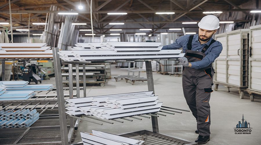 Factory worker wearing uniform and hardhat moving aluminum profiles for pvc windows and doors production in a large factory