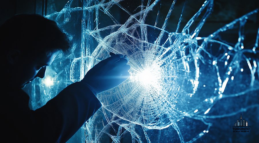 Forensic Investigator Examining Shattered Evidenc