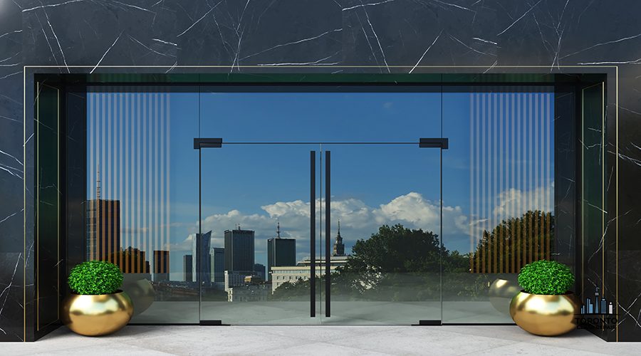 3d illustration. Glass partition and doors in office or shop hall.