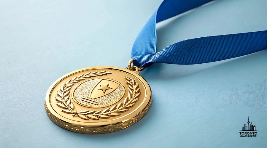 Gold medal with blue ribbon on light blue background, symbol of victory, achievement award, sports competition, excellence recognition, championship prize, success celebration
