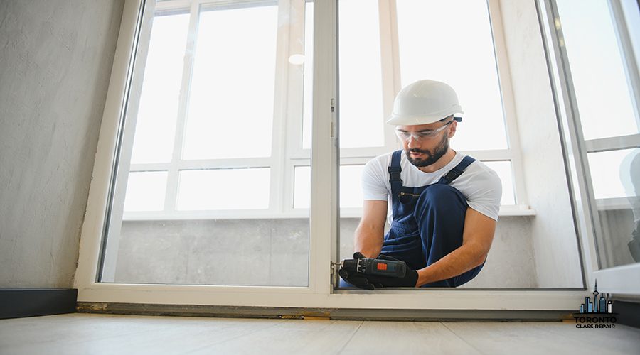 handsome young man installing bay window in new house construction site.