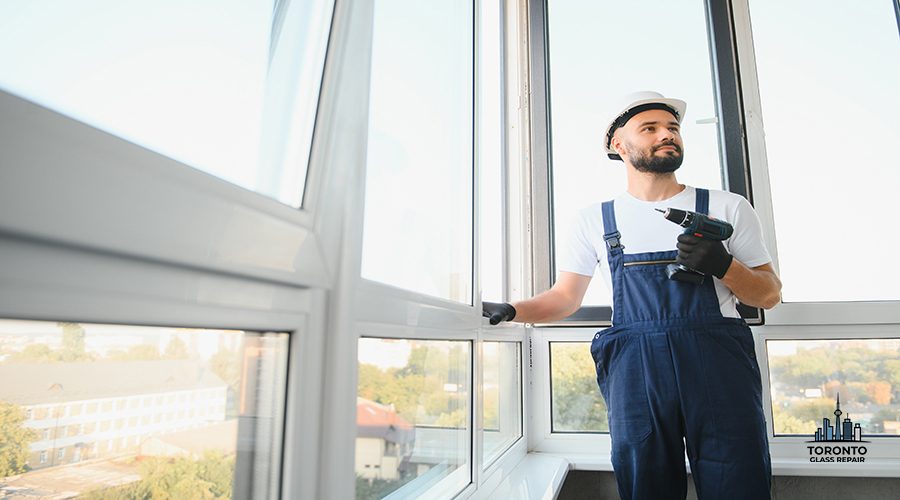 handyman adjusting white pvc plastic window indoors. worker using screwdriver to repair upvc window. homework maintenance.