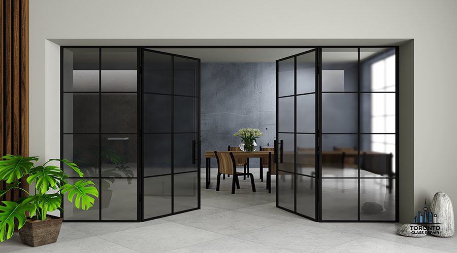3d illustration. Modern black loft glass door in the office. Loft style interior