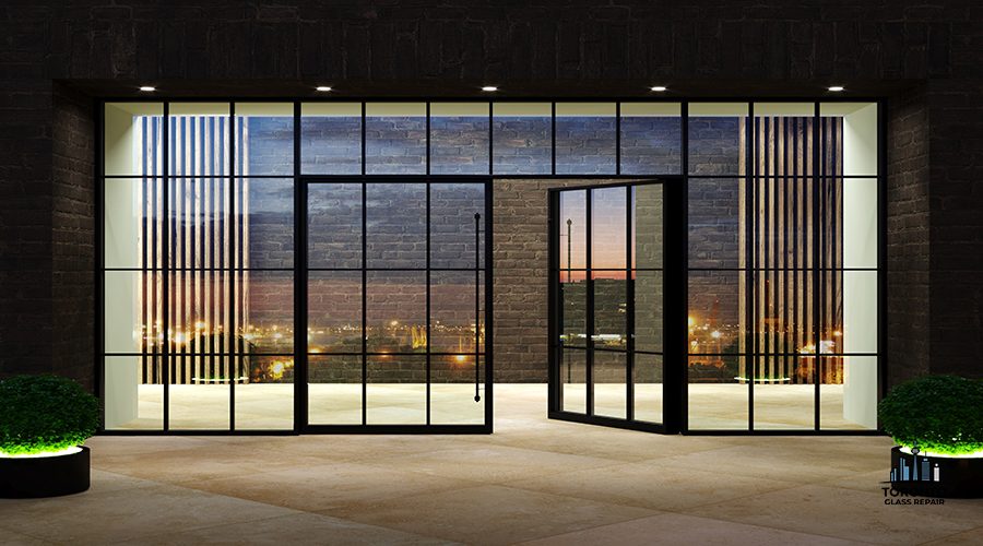 3D illustration. The facade of a modern shopping center or station, an airport with modern white office entrance door