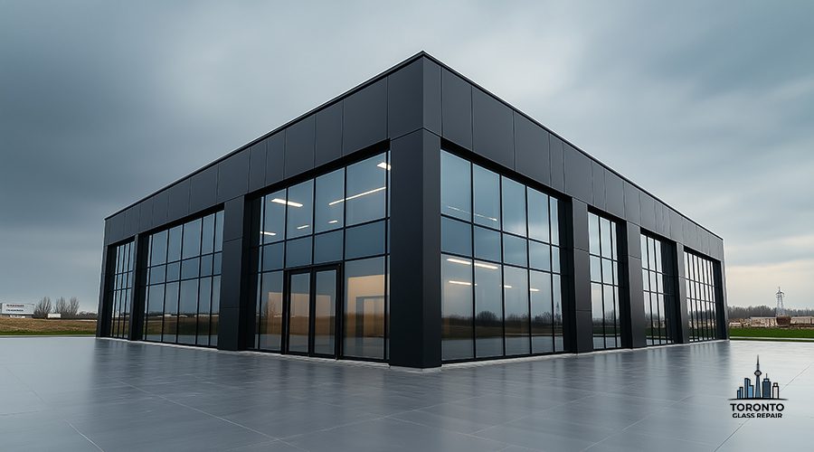 A sleek, modern building with large glass windows stands prominently in a rural landscape.