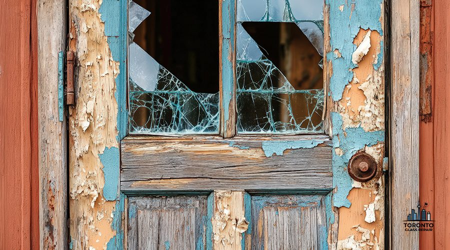 A close-up view of an antique wooden door with a broken glass pane, showing significant weathering and peeling paint.