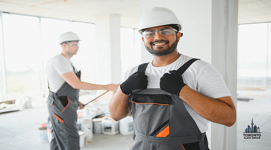 Portrait of young professional Indian worker in uniform and helmet. Construction and repair concept.
