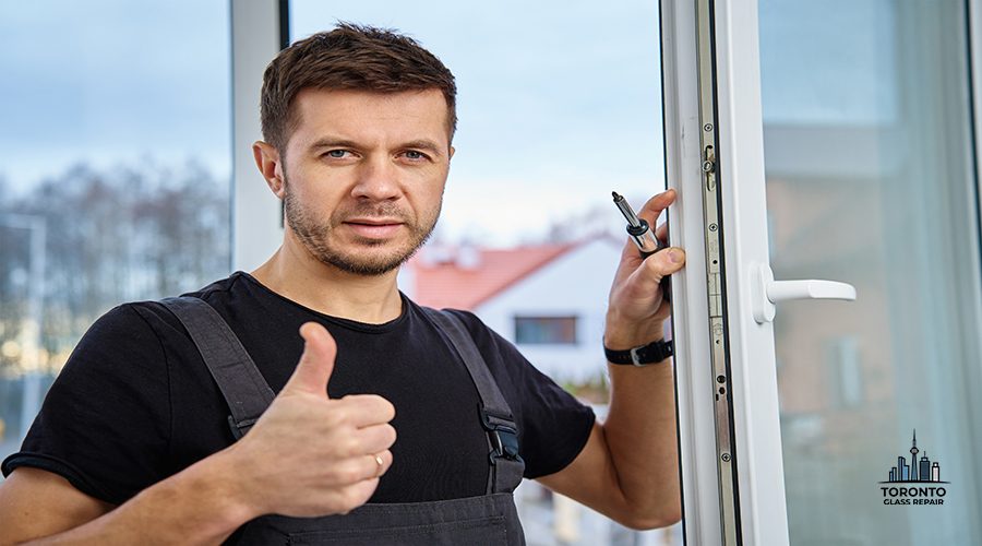 Professional repairman adjusting white pvc windows in modern building. Construction worker installing plastic window in new home. Concept of repair and maintenance