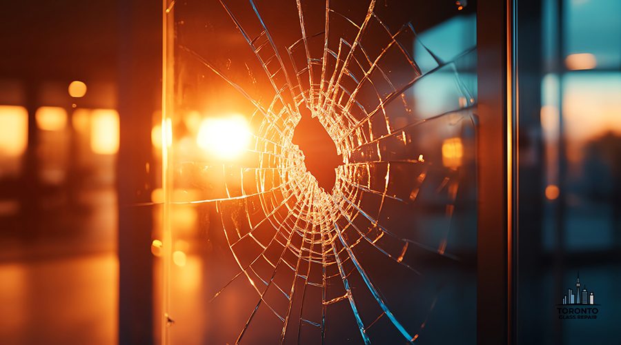 Shattered glass capturing sunset reflections.