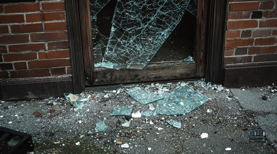 The image shows a shattered glass pane in a wooden door frame set into a brick wall, with numerous fragments scattered on the ground below.