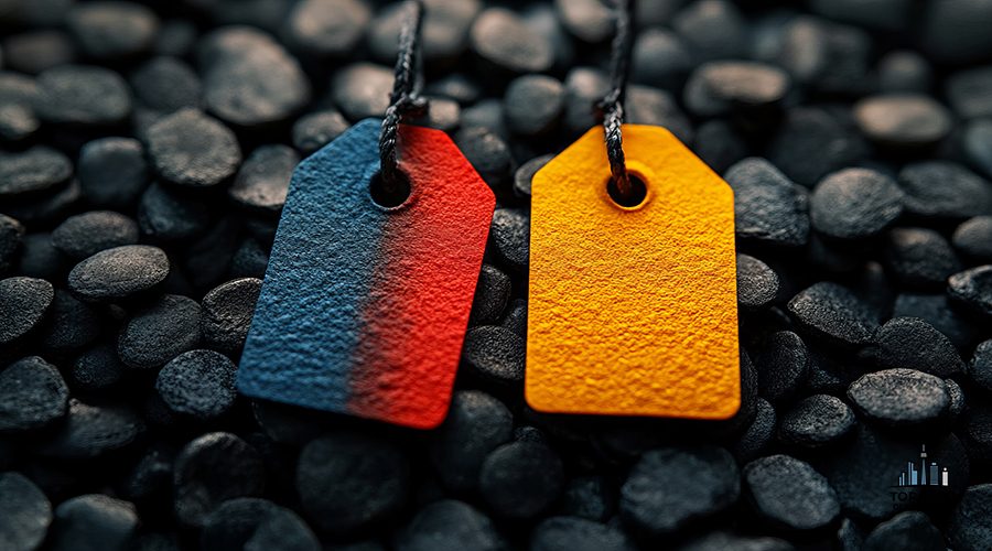 Two colorful price tags in red, blue, and yellow against black pebbles, showcasing uniqueness.