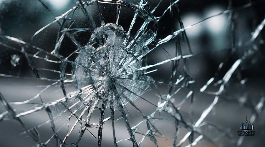 Intricate cracks and reflections glow in the natural light of tempered glass.