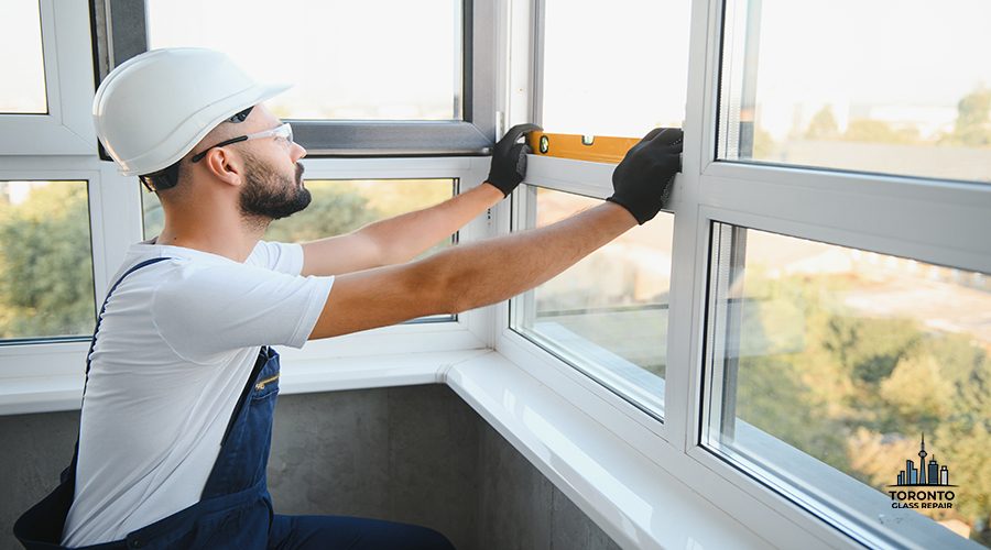 Worker installing plastic window indoors.
