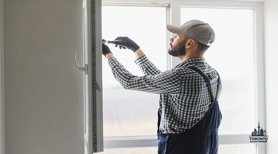 Workman in overalls installing or adjusting plastic windows in the living room at home.