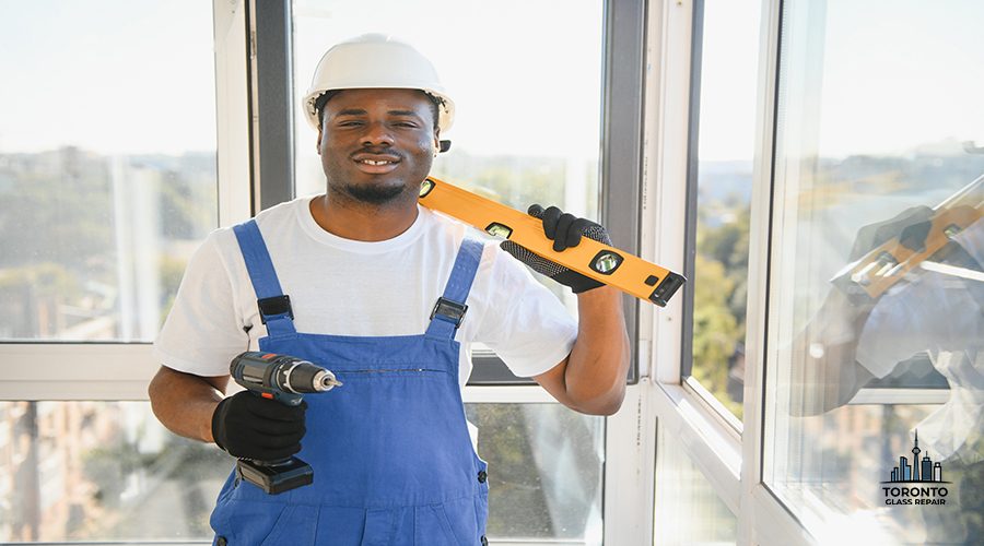 Workman in overalls installing or adjusting plastic windows in the living room at home.
